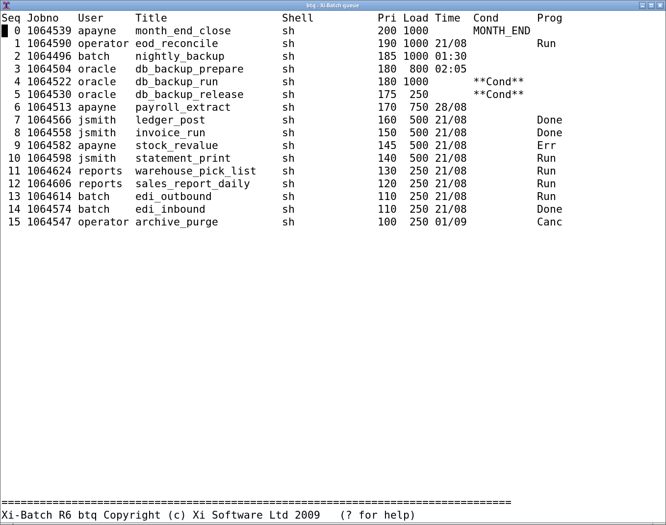 The Xi-Batch queue in the full-screen character interface, showing sixteen jobs with their state and a condition column naming the scheduling variables some are waiting on.