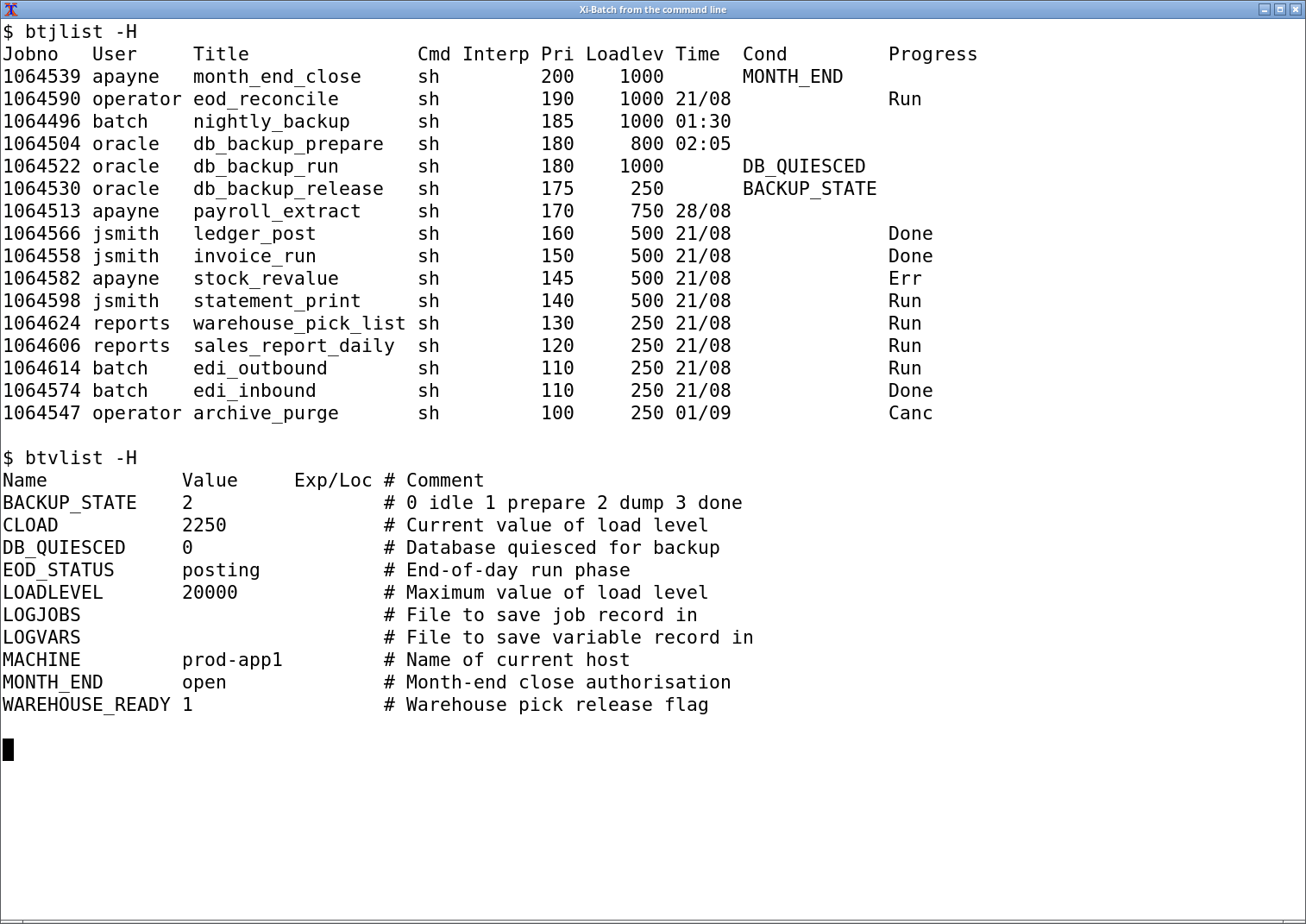 Xi-Batch command-line output from btjlist and btvlist, listing the same jobs and the scheduling variables with their comments.