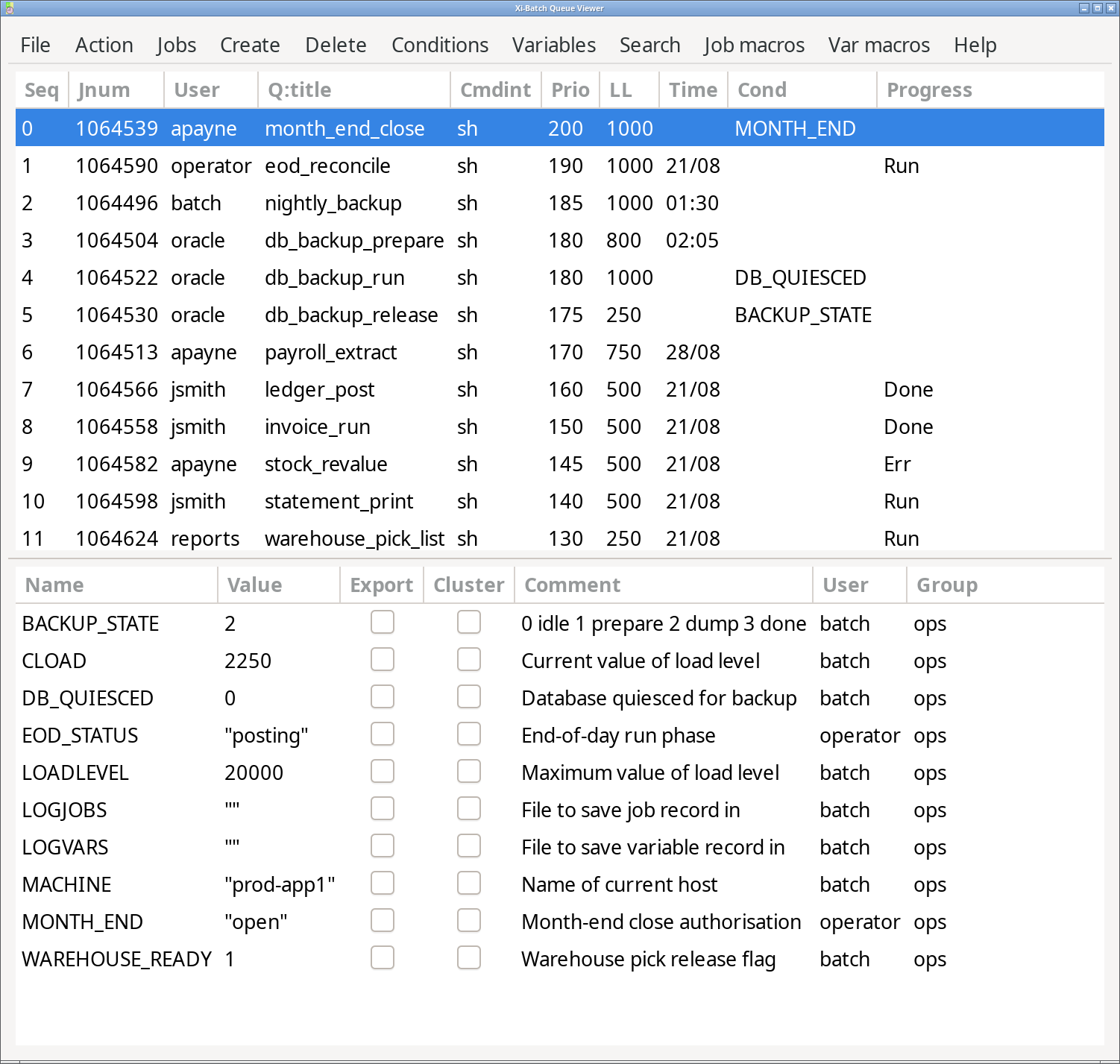Xi-Batch GTK3 interface: the job queue with the scheduling-variable pane beneath it, showing running, done, failed, held and condition-waiting jobs.