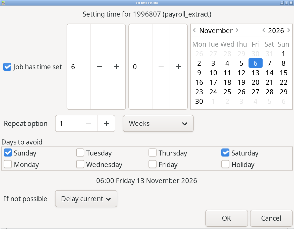 The Xi-Batch GTK3 Set time options dialog for the payroll_extract job: a run time of 06:00, a calendar on Friday 6 November, a weekly repeat, Saturday and Sunday ticked as days to avoid, the next repetition computed as 06:00 Friday 13 November, and the missed-run policy set to Delay current.