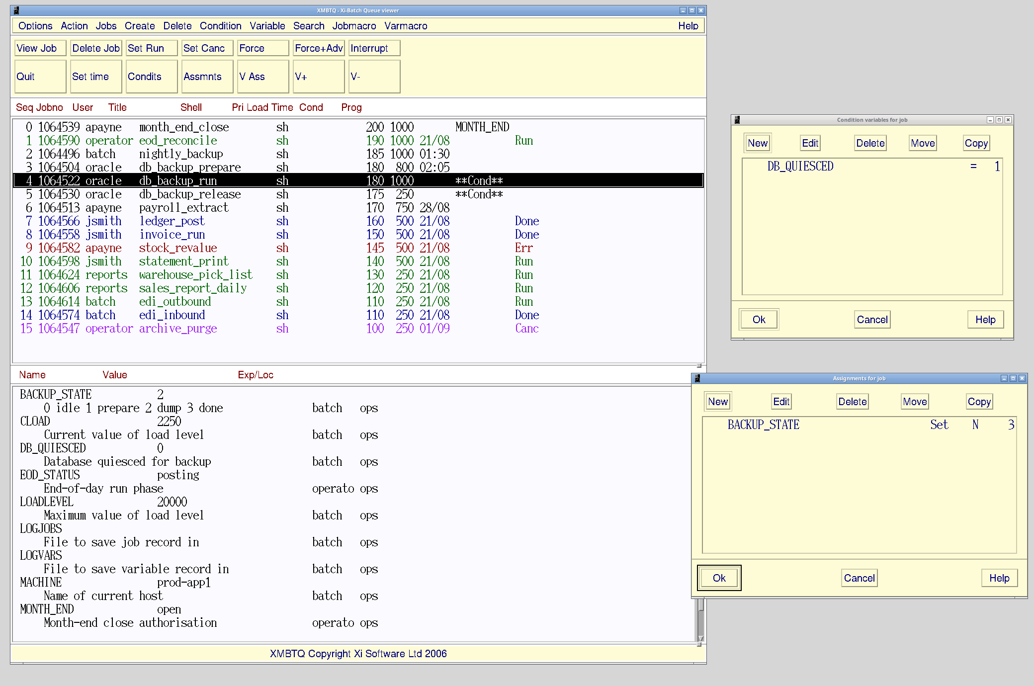 Xi-Batch Motif interface showing the dependency machinery in the product's own editors. The job queue has db_backup_run selected and marked Cond. The Condition dialog reads DB_QUIESCED = 1. The Assignments dialog reads BACKUP_STATE Set N 3 - wait on one variable, set another on normal end. The variable pane beneath shows DB_QUIESCED currently 0, which is why the job is waiting.