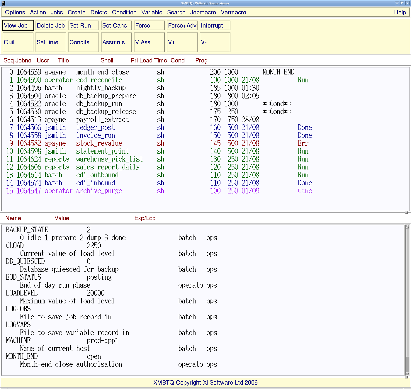 The same Xi-Batch queue in the Motif interface, with job state colour-coded in the list: green running, blue done, red failed, purple held.