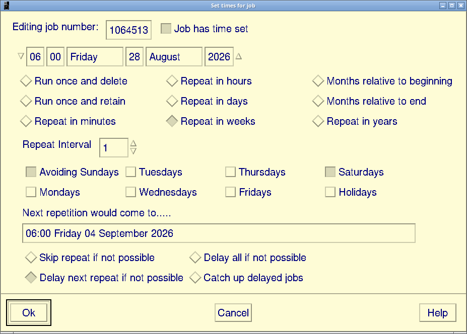 The Xi-Batch job time parameters dialog for the payroll_extract job. It shows date and time fields, run-once and repeat options including months relative to the beginning and end of the month, a Repeat Interval setting, an avoid-days row with weekends ticked and a holidays option, a line reading 'Next repetition would come to' with the computed occurrence, and the missed-run policy options: skip repeat if not possible, delay all if not possible, and catch up delayed jobs.