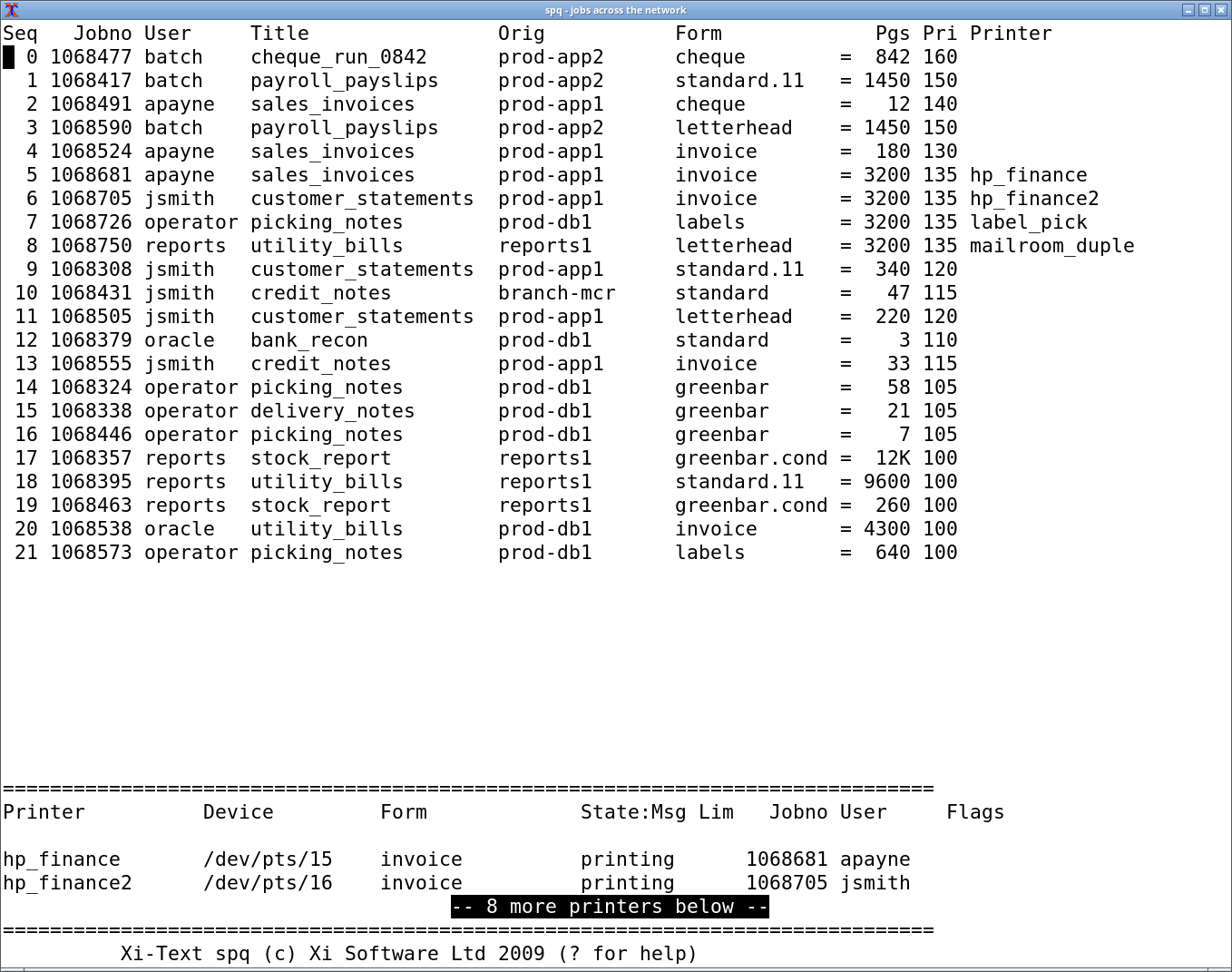 The Xi-Text queue with the originating-host column displayed, showing work submitted from five different machines: prod-app1, prod-app2, prod-db1, reports1 and branch-mcr.