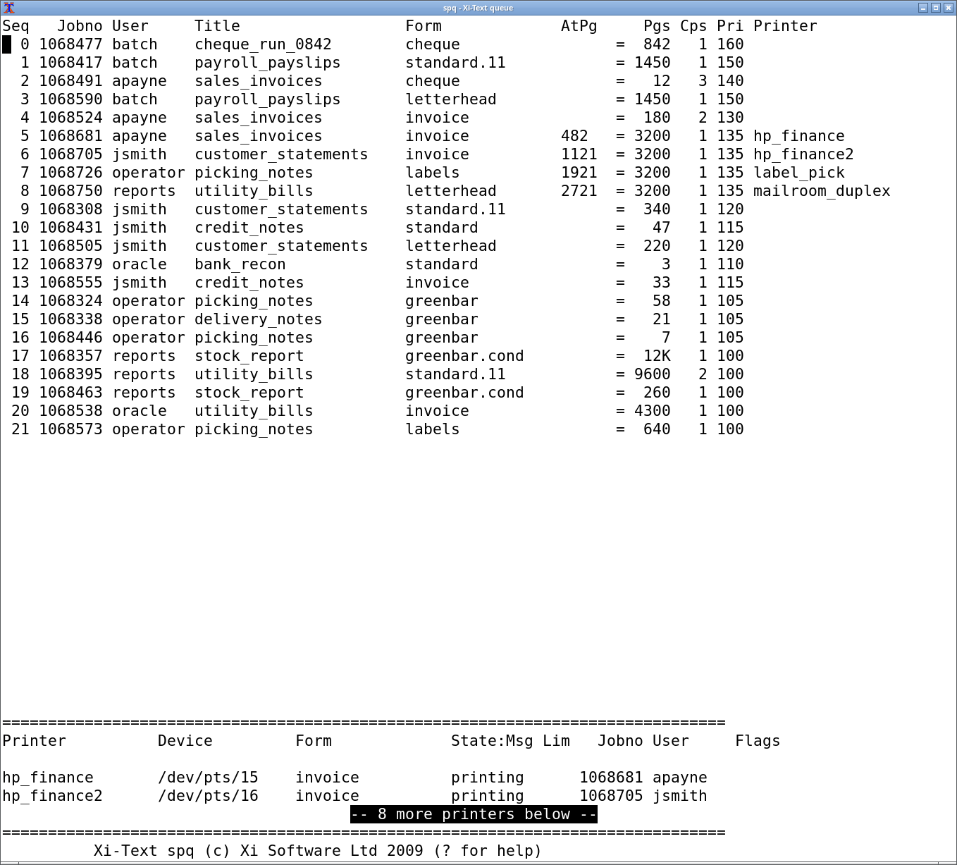 The same Xi-Text queue in the full-screen character interface, all twenty-two jobs on one screen with the same columns as the graphical views.