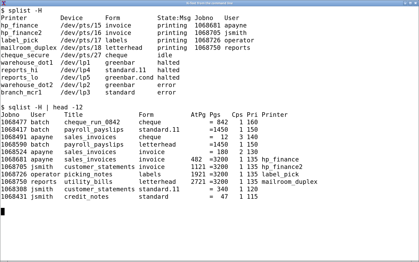 Xi-Text command-line output from splist and sqlist, listing the same printers and jobs as the interactive views.