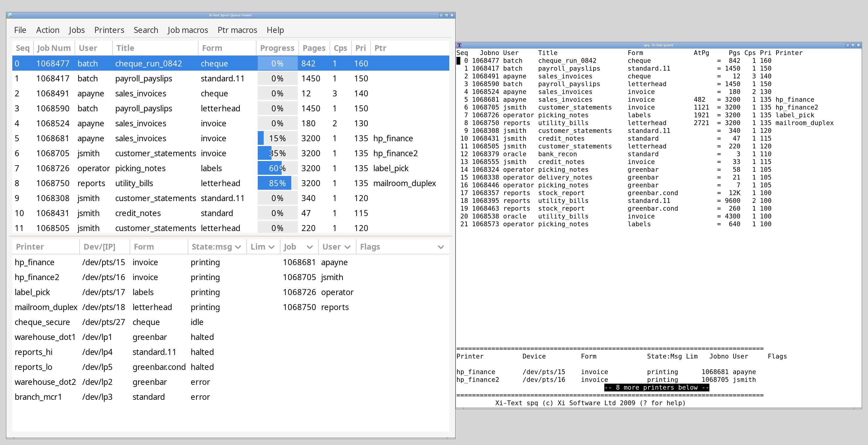 The same Xi-Text print queue shown side by side in the GTK3 interface and the character interface, displaying the same printers, jobs and states.