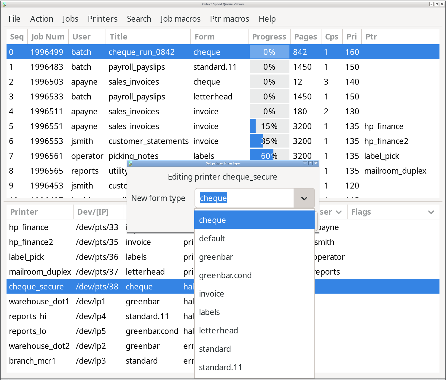 The Xi-Text GTK3 queue viewer with the Set printer form type dialog open on the cheque_secure printer. Its list of form types is dropped down with cheque selected; all ten printers and the print queue are visible behind it.