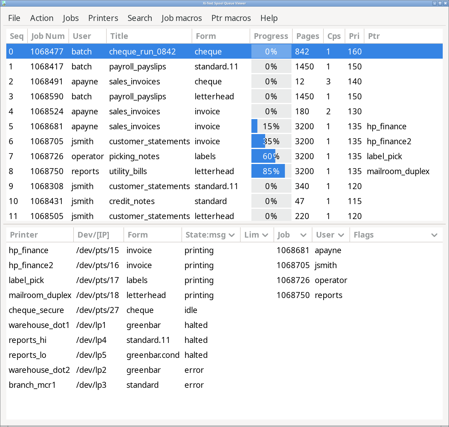 Xi-Text GTK3 interface: ten printers and twenty-two print jobs in one window, four printing at different stages, one idle, three halted and two in error.