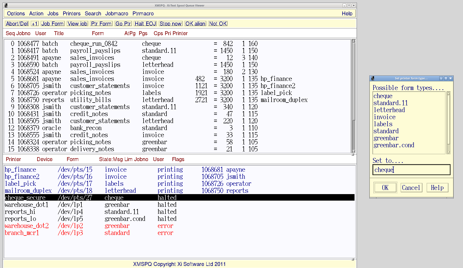 The Xi-Text Motif printer form-type dialog for the cheque_secure printer. The dialog lists all eight configured form types with cheque currently set, showing how a printer is bound to the kind of output it carries rather than to a queue name.