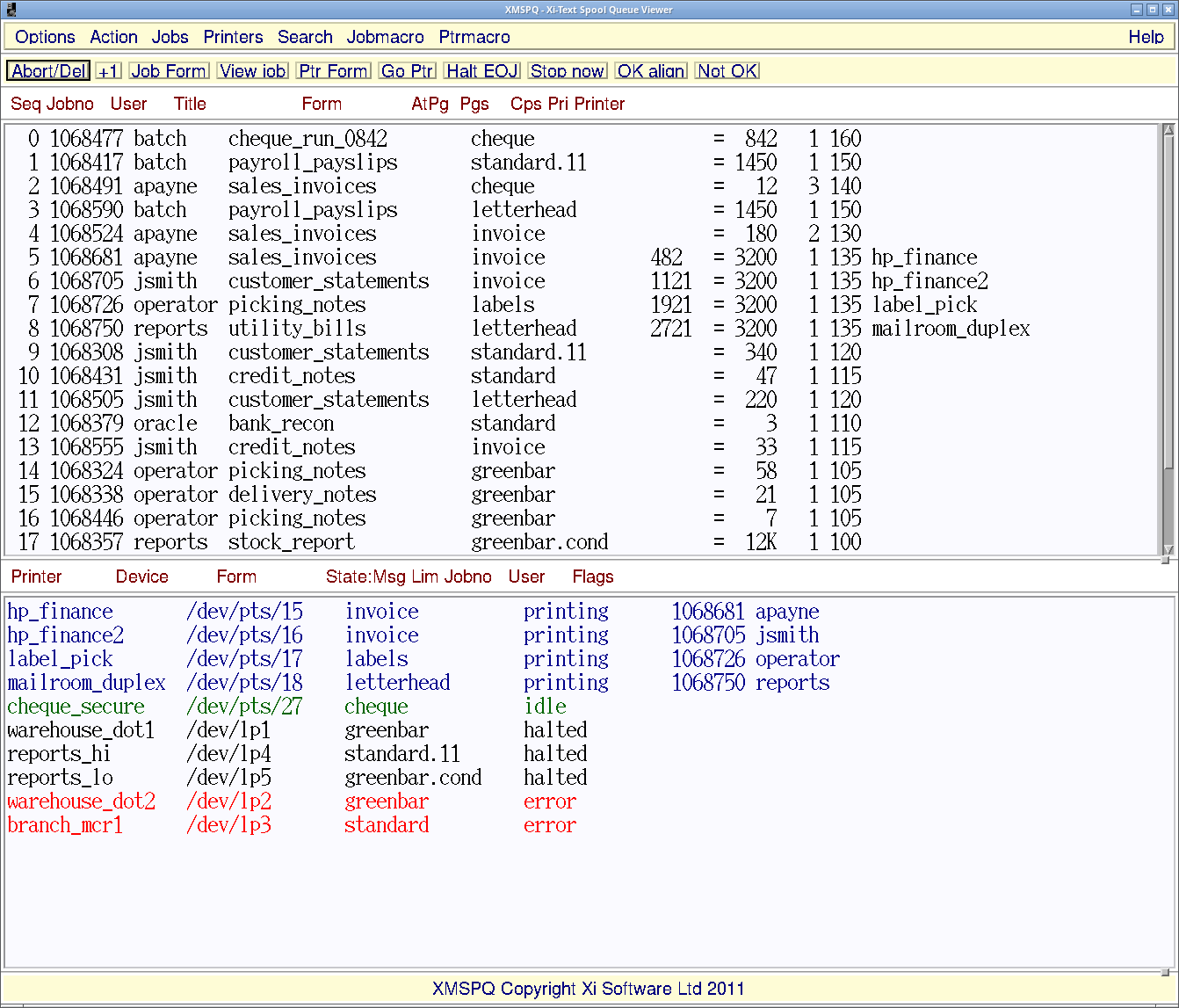 The same Xi-Text queue in the Motif interface, with printer state colour-coded in the list: green idle, red error, blue printing.